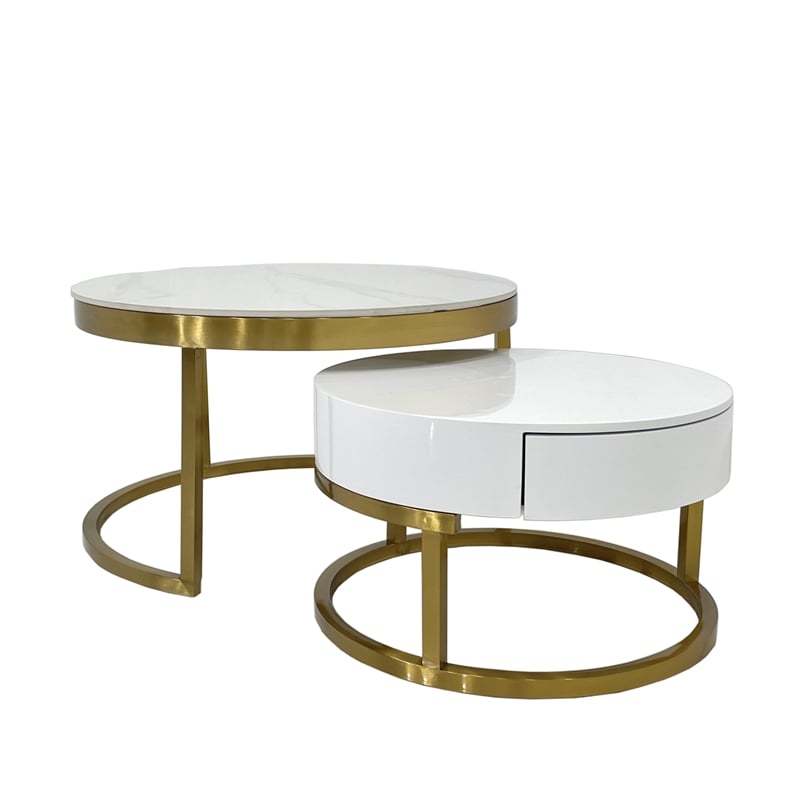 Nesting Coffee Table with White Marble Top and Matte Gold Base with Drawer