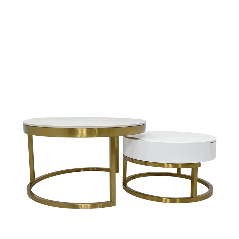 Nesting Coffee Table with White Marble Top and Matte Gold Base with Drawer