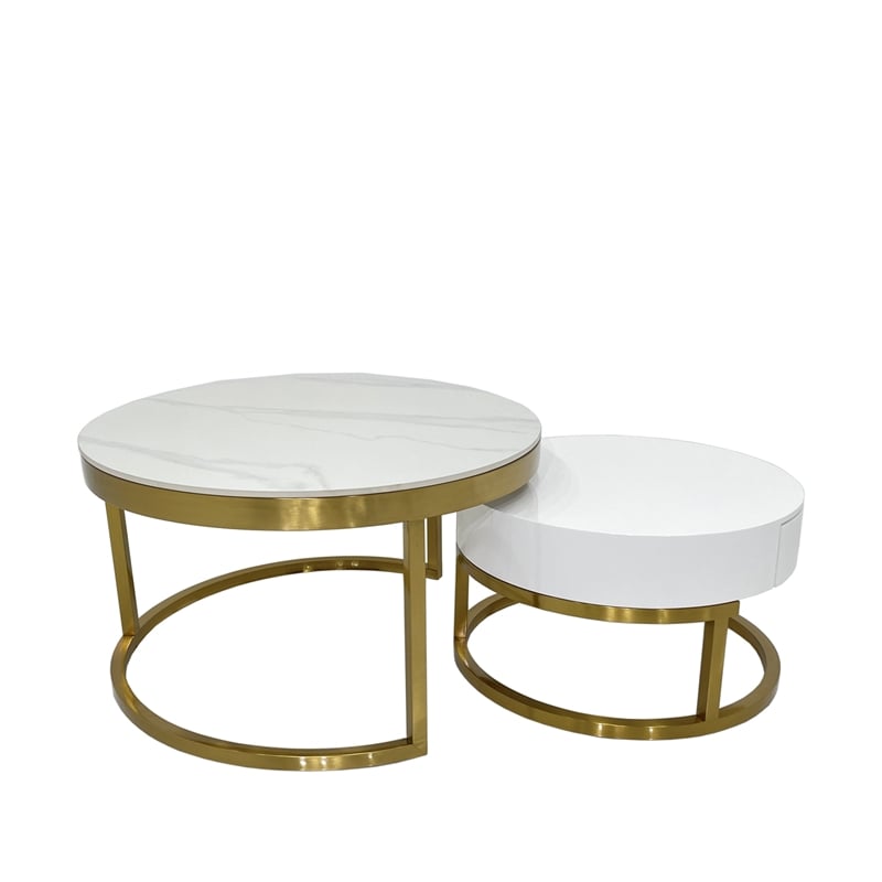 Nesting Coffee Table with White Marble Top and Matte Gold Base with Drawer