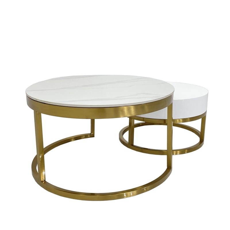Nesting Coffee Table with White Marble Top and Matte Gold Base with Drawer