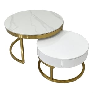 Nesting Coffee Table with White Marble Top and Matte Gold Base with Drawer