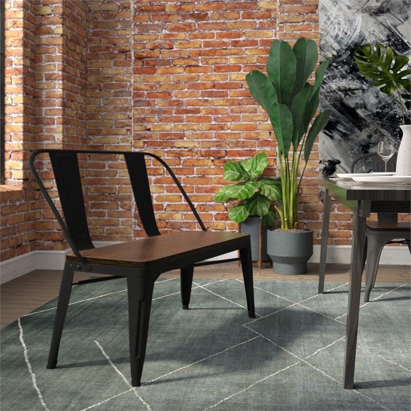 Metal Bench in Matte Black with Wood Seat