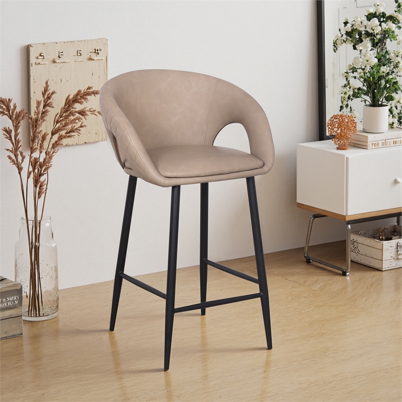 Set of 2 Counter Stool with PU Seat and Black Metal Legs