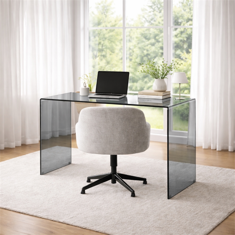 Bent Tempered Glass Computer Desk in Translucent Gray