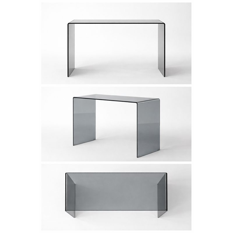 Bent Tempered Glass Computer Desk in Translucent Gray