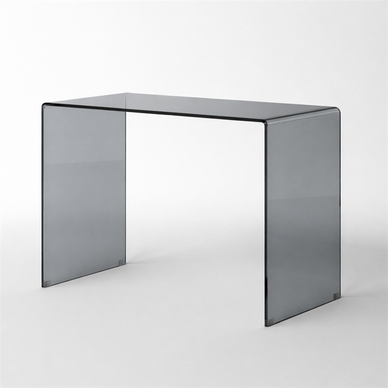 Bent Tempered Glass Computer Desk in Translucent Gray