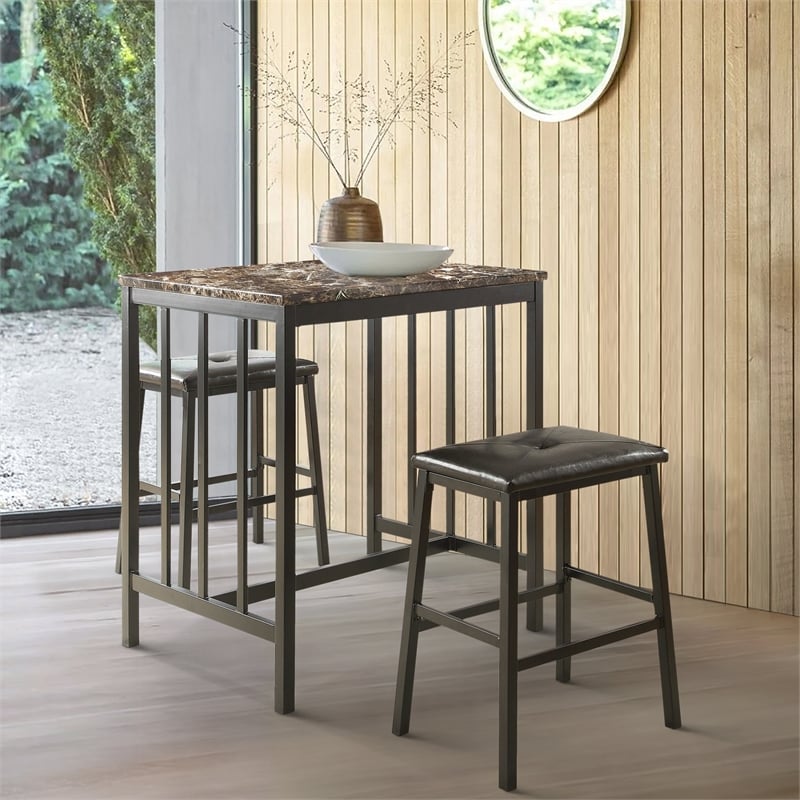 Lexicon Edgar 3 Piece Faux Marble Top Counter Height Dining Set in Black