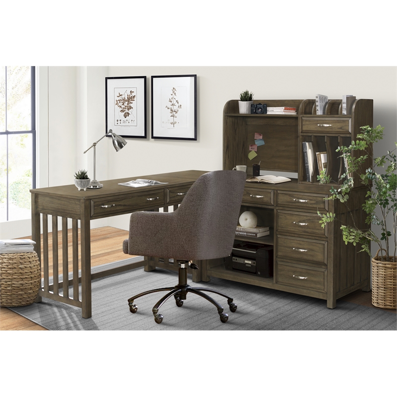 Lexicon Blanche Wood L Shaped Desk with Hutch in Brown Gray