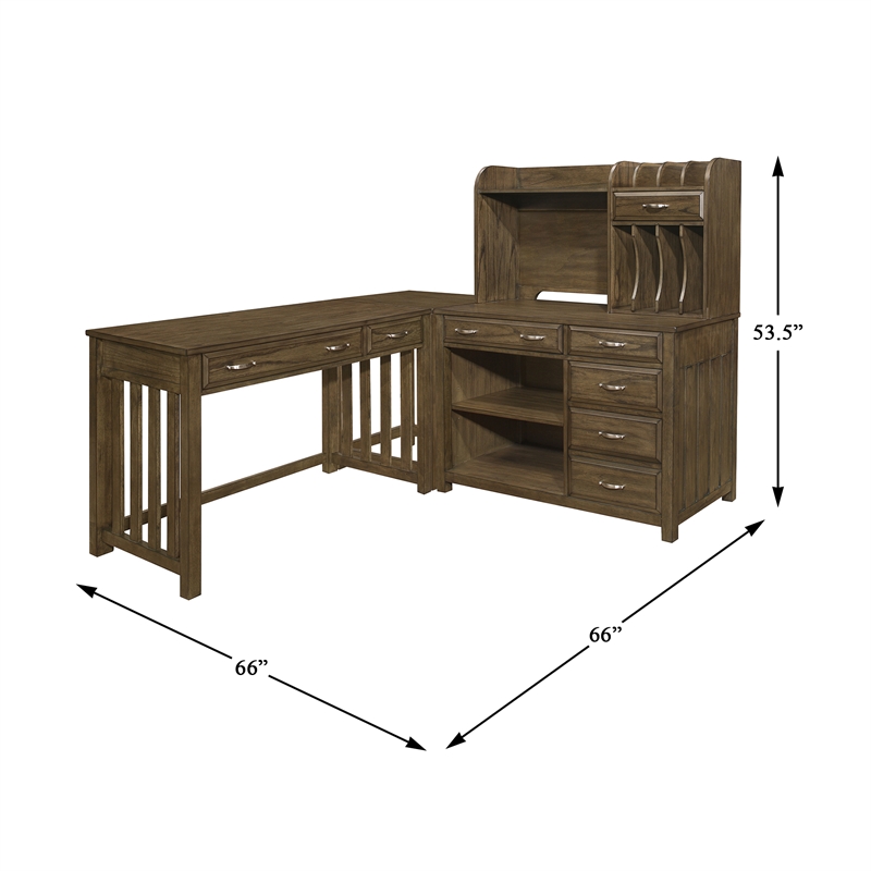 Lexicon Blanche Wood L Shaped Desk with Hutch in Brown Gray