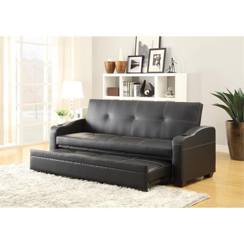 Black Faux Leather Click Clack Adjustable Futon Sleeper Sofa