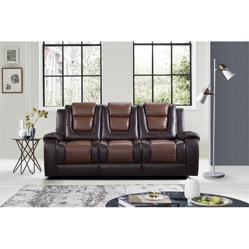 Lexicon Briscoe Double Reclining Sofa with Drop-Down Cup Holder in 2-Tone Brown