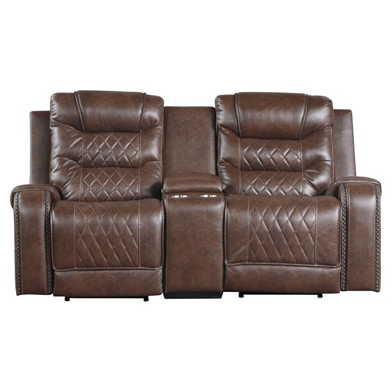Lexicon Putnam Power Double Reclining Loveseat with Center Console in Brown