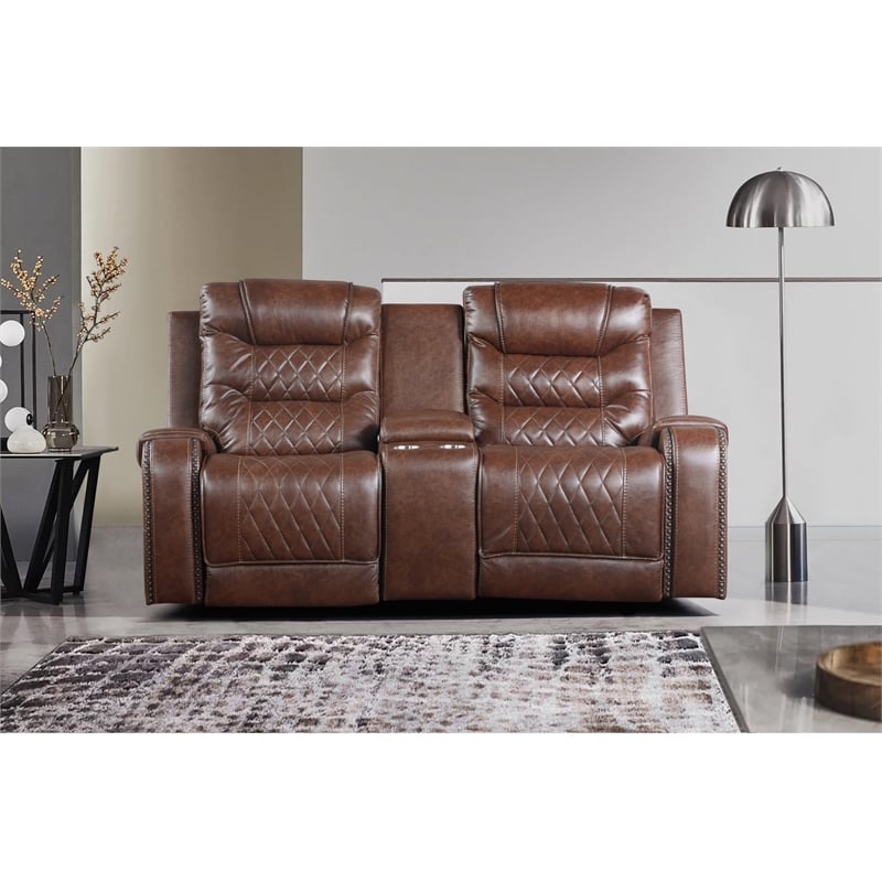 Lexicon Putnam Power Double Reclining Loveseat with Center Console in Brown