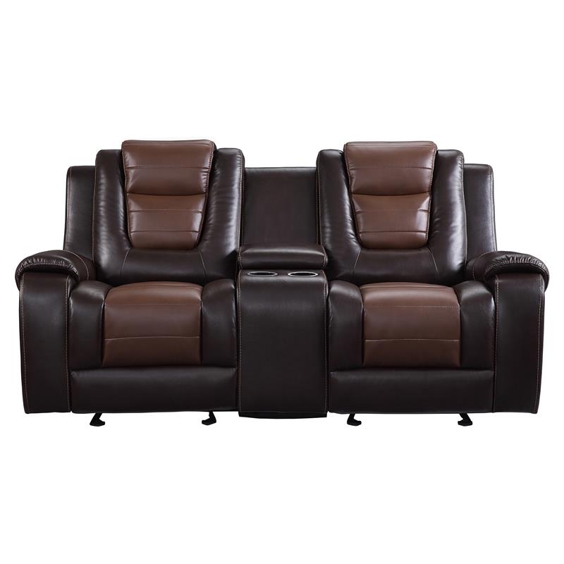 Lexicon Briscoe Center Console Double Glider Reclining Loveseat in 2-Tone Brown