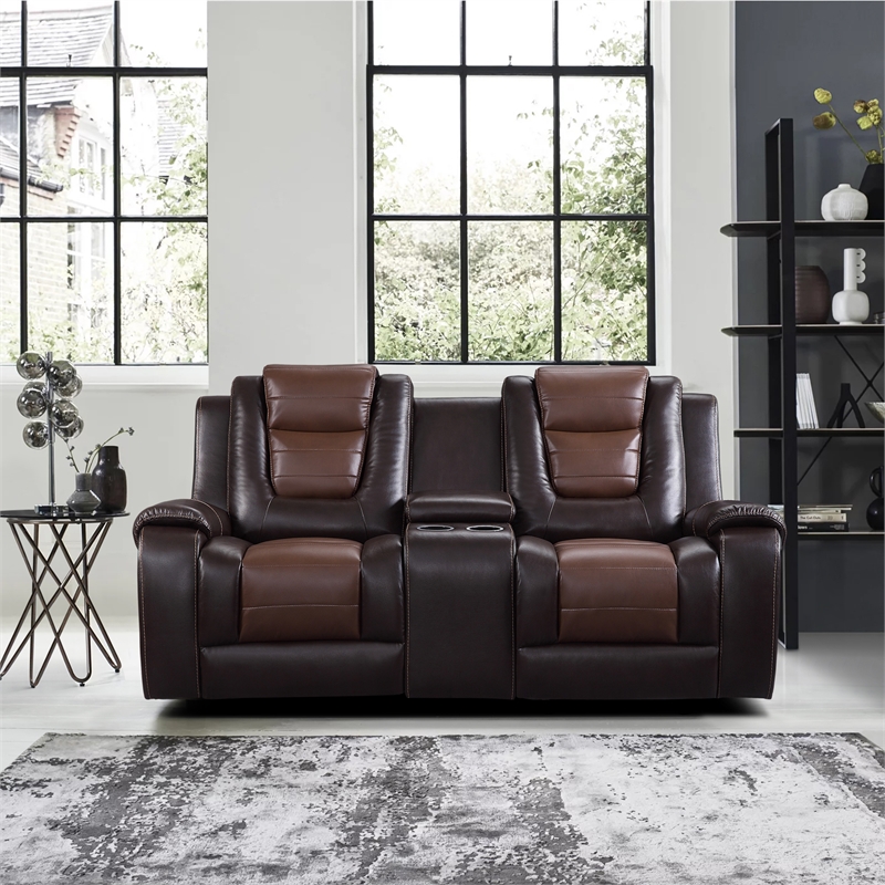 Lexicon Briscoe Center Console Double Glider Reclining Loveseat in 2-Tone Brown