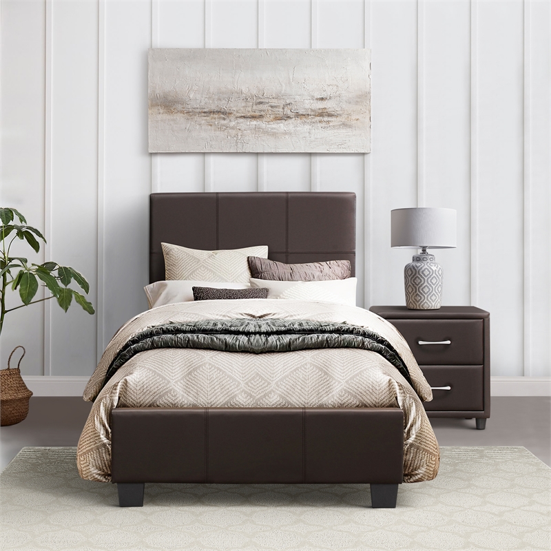 Lexicon Lorenzi Contemporary Wood and Faux Leather Twin Bed in Dark Brown