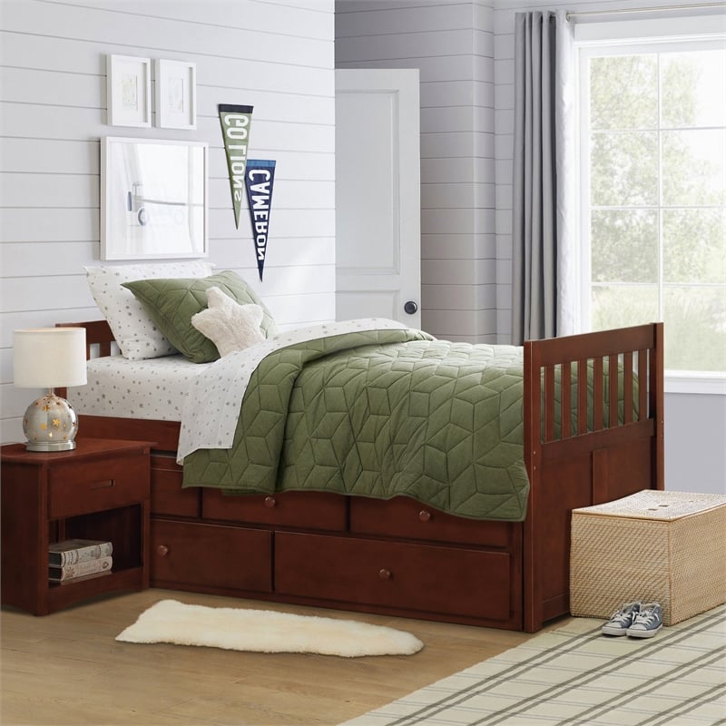 Lexicon Rowe Wood Twin Bed with 2 Drawer Trundle Bed in Dark Cherry