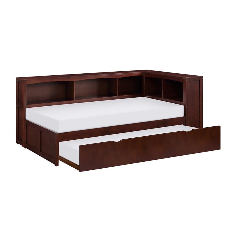 Lexicon Rowe 5-Shelf Wood Twin Bookcase Corner Bed with Trundle in Dark Cherry