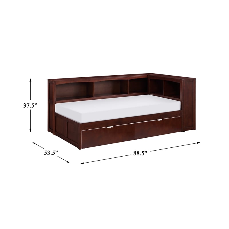 Lexicon Rowe Wood Twin Bookcase Corner Bed with Storage Boxes in Dark Cherry