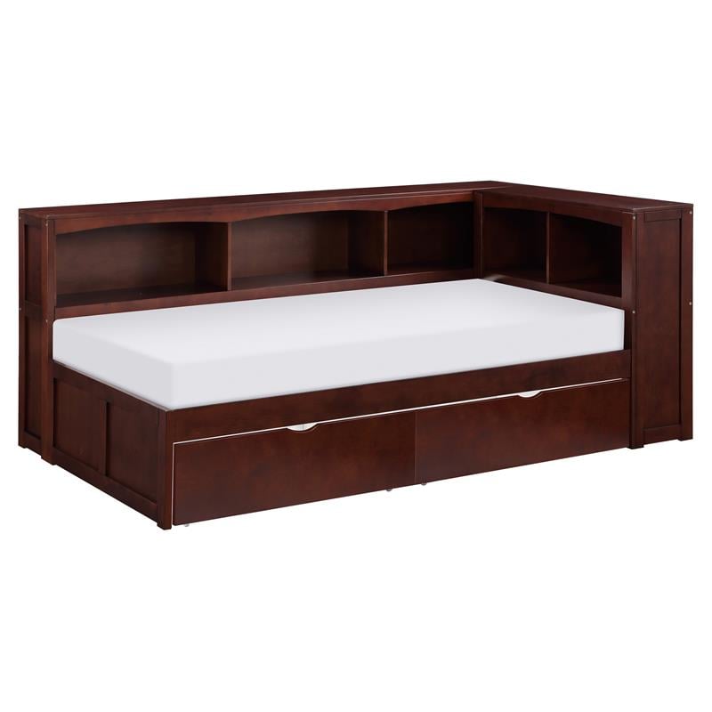 Lexicon Rowe Wood Twin Bookcase Corner Bed with Storage Boxes in Dark Cherry