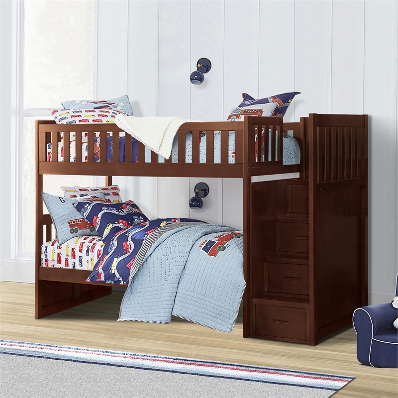 Lexicon Rowe Reversible Step Storage Wood Bunk Bed in Dark Cherry