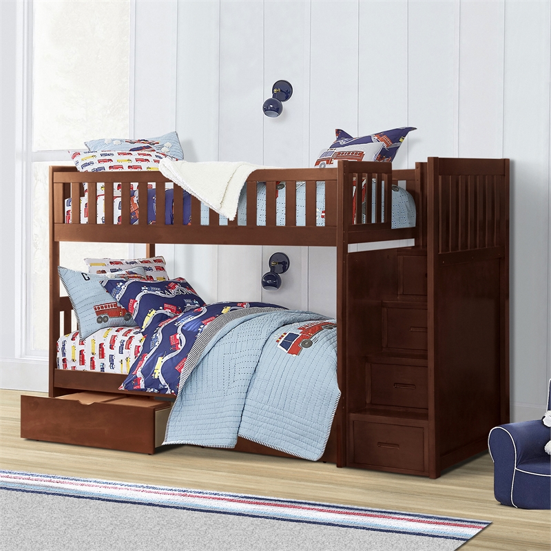 Lexicon Rowe Reversible Step Storage Wood Bunk Bed with Storage Boxes in Cherry