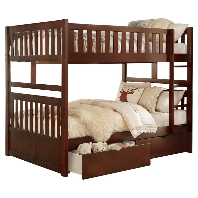 Lexicon Rowe Wood Full over Full Bunk Bed with Storage Boxes in Dark Cherry