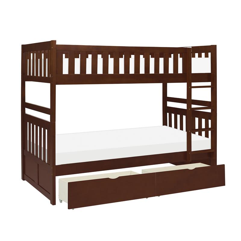 Lexicon Rowe Wood Twin over Twin Bunk Bed with Storage Boxes in Dark Cherry