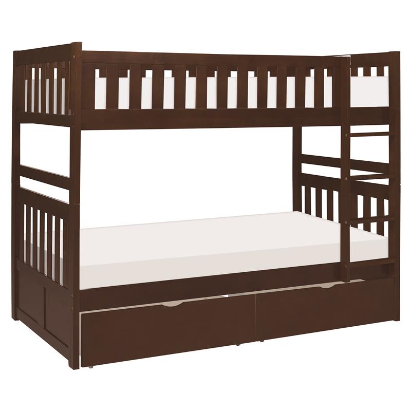 Lexicon Rowe Wood Twin over Twin Bunk Bed with Storage Boxes in Dark Cherry
