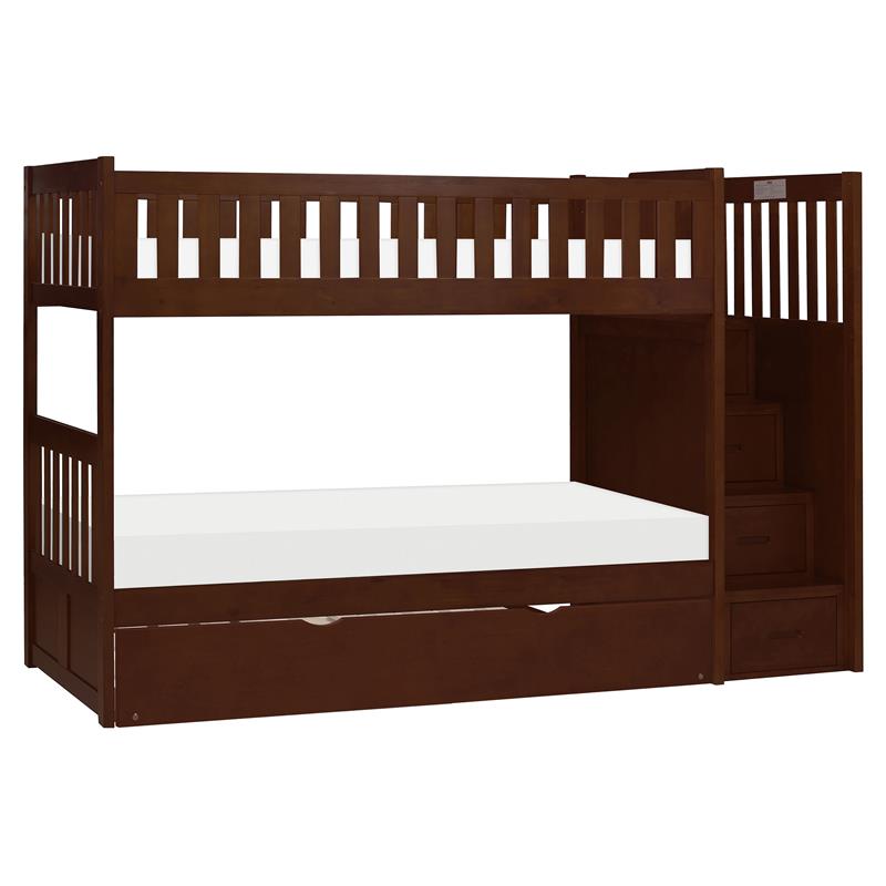 Lexicon Rowe Reversible Step Storage Wood Bunk Bed with Trundle Bed in Cherry