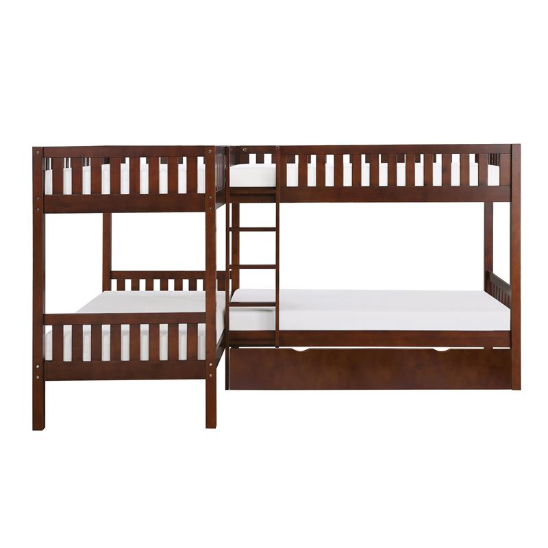 Lexicon Rowe Transitional Wood Corner Bunk Bed with Twin Trundle in Dark Cherry