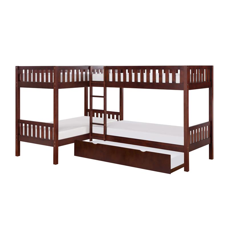 Lexicon Rowe Transitional Wood Corner Bunk Bed with Twin Trundle in Dark Cherry