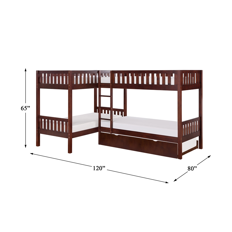 Lexicon Rowe Transitional Wood Corner Bunk Bed with Twin Trundle in Dark Cherry