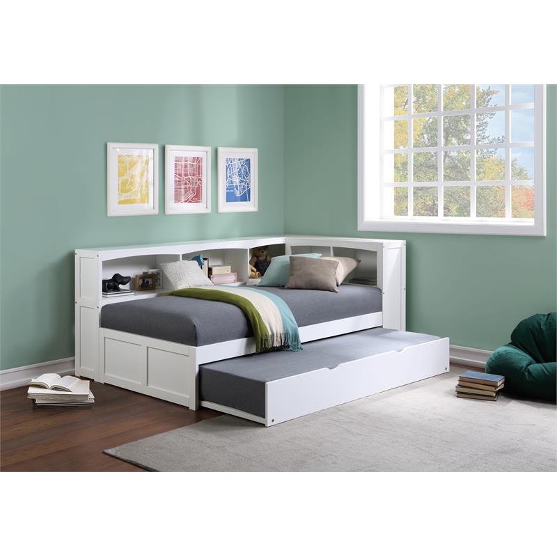 Lexicon Galen 5-Shelf Wood Twin Bookcase Corner Bed with Twin Trundle in White