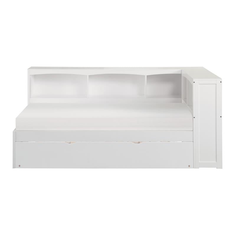 Lexicon Galen 5-Shelf Wood Twin Bookcase Corner Bed with Twin Trundle in White
