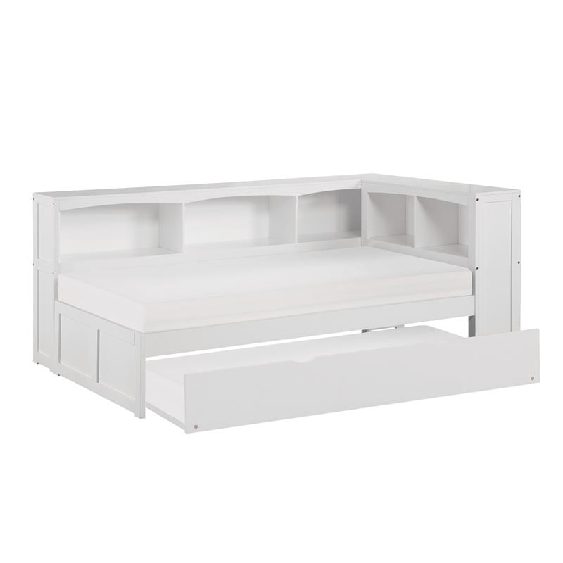 Lexicon Galen 5-Shelf Wood Twin Bookcase Corner Bed with Twin Trundle in White
