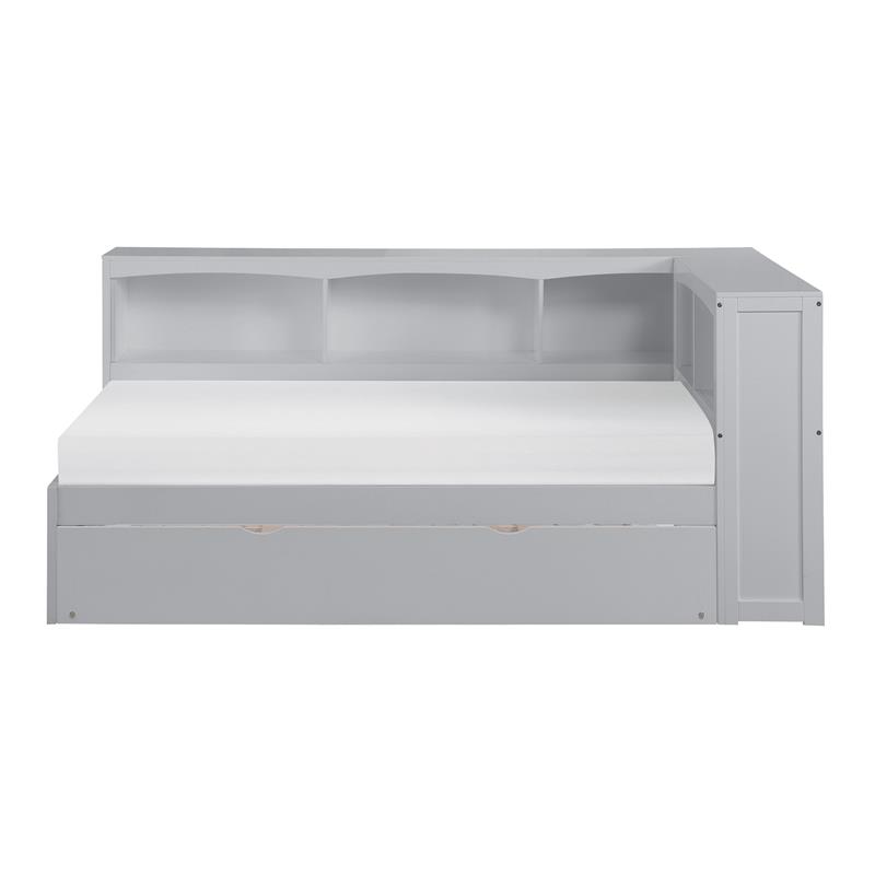Lexicon Orion 5-Shelf Wood Twin Bookcase Corner Bed with Twin Trundle in Gray