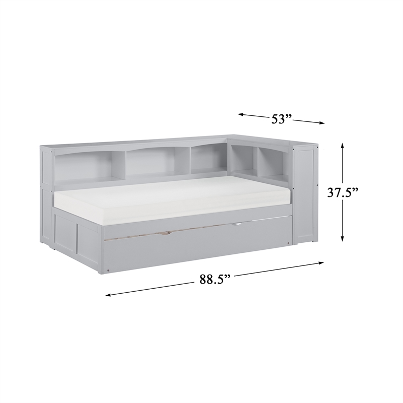 Lexicon Orion 5-Shelf Wood Twin Bookcase Corner Bed with Twin Trundle in Gray