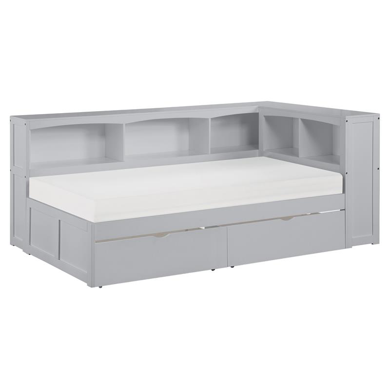 Lexicon Orion 5-Shelf Wood Twin Bookcase Corner Bed with Storage Boxes in Gray