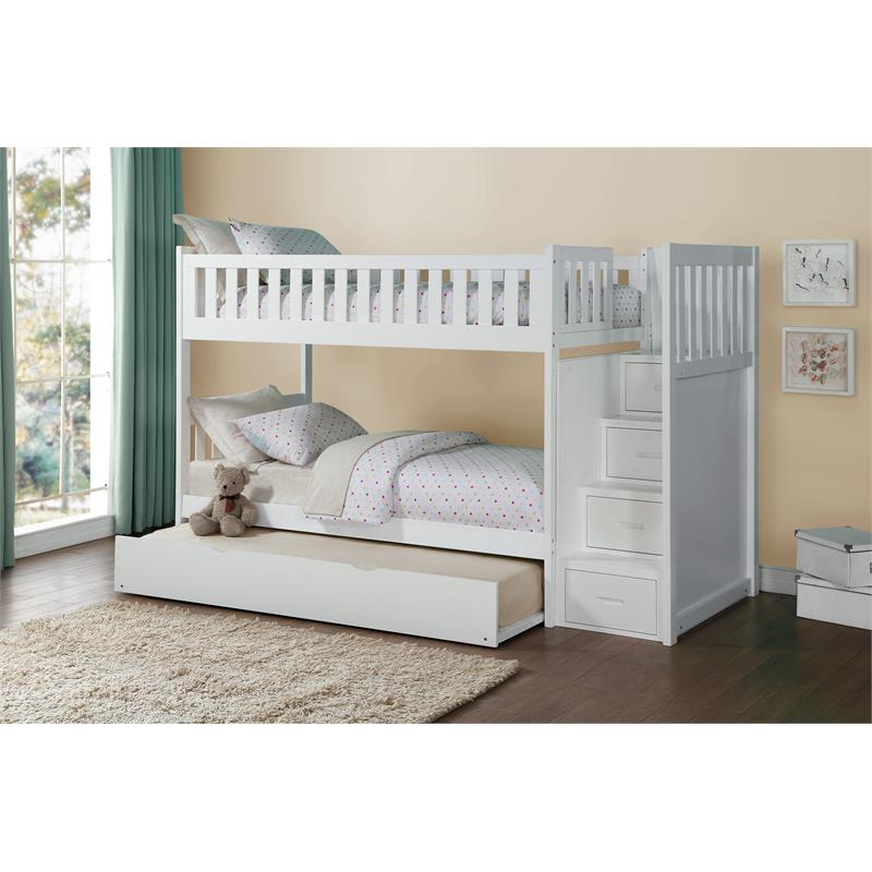 Lexicon Galen Reversible Step Storage Wood Bunk Bed with Trundle Bed in White