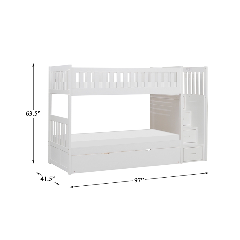 Lexicon Galen Reversible Step Storage Wood Bunk Bed with Trundle Bed in White