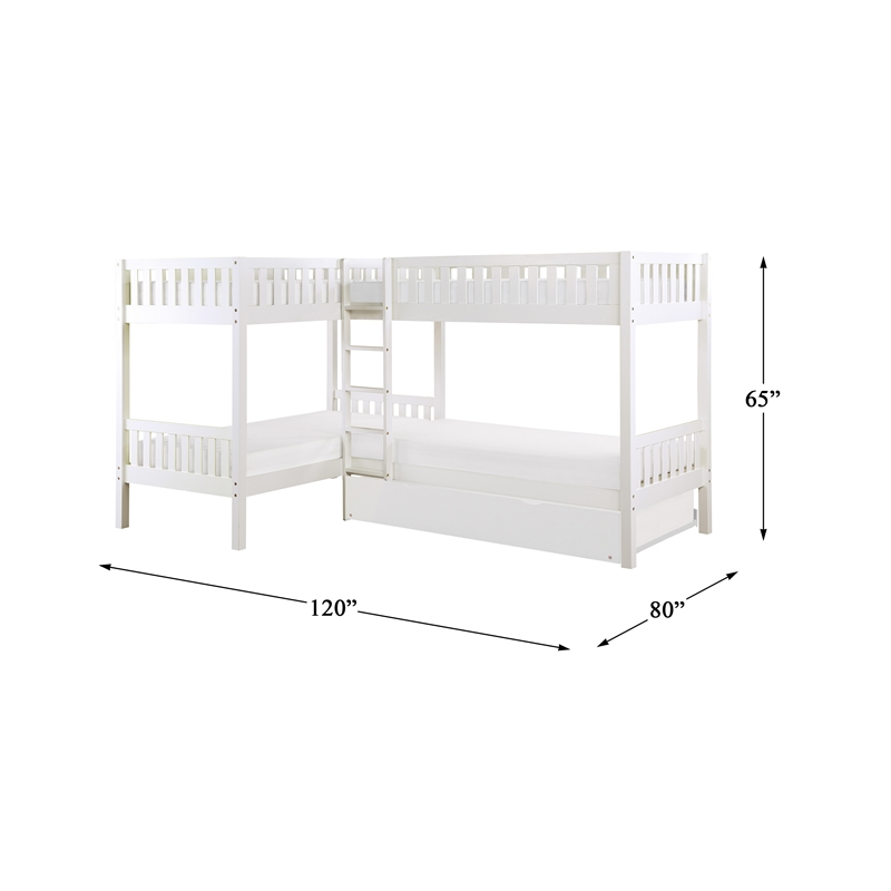 Lexicon Galen Transitional Wood Corner Bunk Bed with Twin Trundle in White