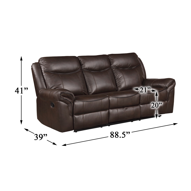Lexicon Aram Transitional Faux Leather Double Reclining Sofa in Dark Brown