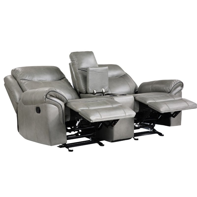 Lexicon Aram Faux Leather Double Glider Reclining Loveseat in Gray