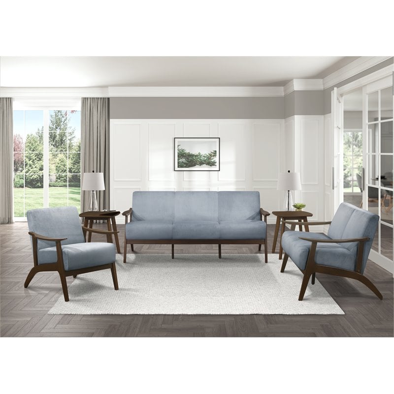 Lexicon Carlson Mid Century Velvet Upholstered Sofa in Blue Gray and Dark Walnut