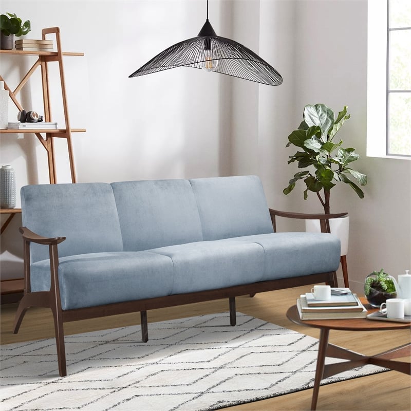 Lexicon Carlson Mid Century Velvet Upholstered Sofa in Blue Gray and Dark Walnut