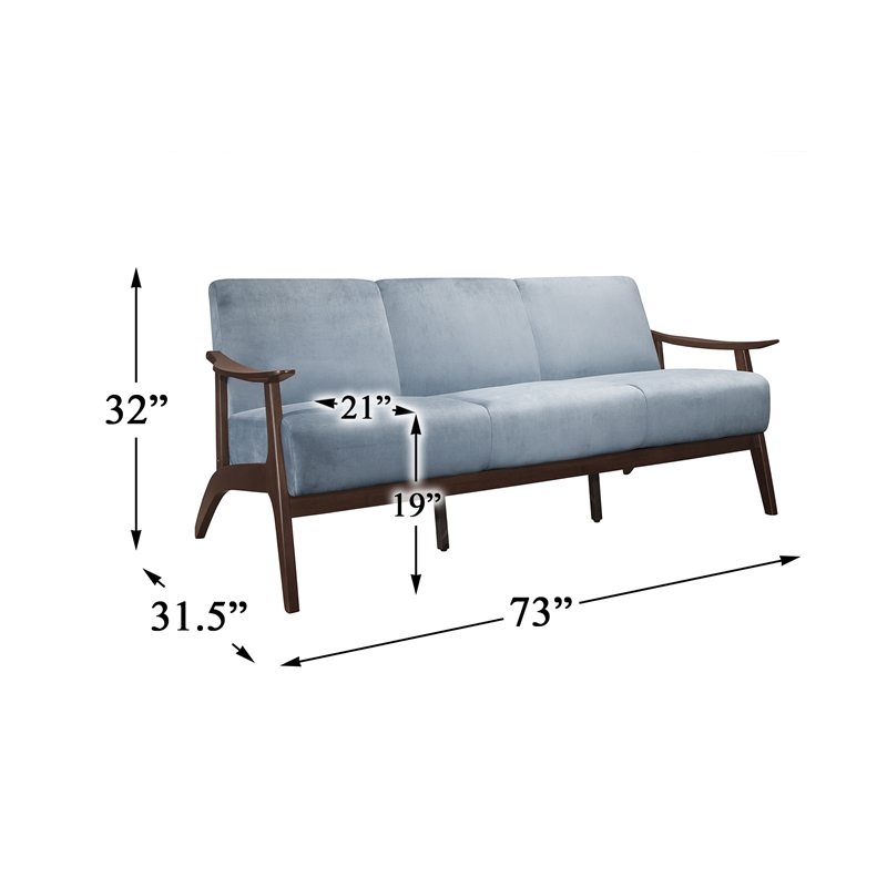 Lexicon Carlson Mid Century Velvet Upholstered Sofa in Blue Gray and Dark Walnut