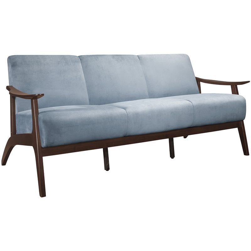 Lexicon Carlson Mid Century Velvet Upholstered Sofa in Blue Gray and Dark Walnut