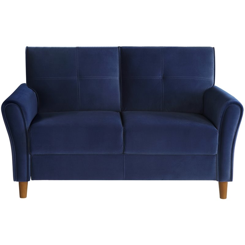 Lexicon Dunleith Tufted Velvet Upholstered Loveseat in Blue and Walnut
