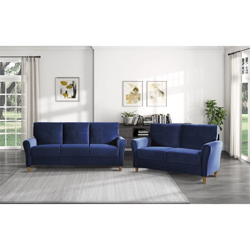 Lexicon Dunleith Tufted Velvet Upholstered Loveseat in Blue and Walnut
